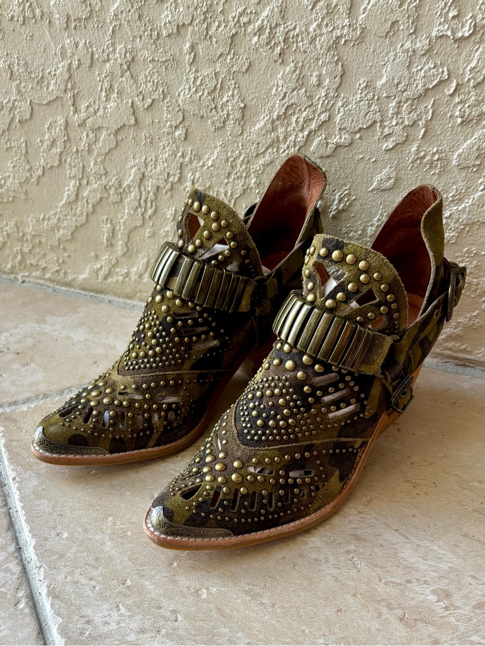 Jeffrey Campbell Olive Green Studded Cutout Booties with Buckle Detail